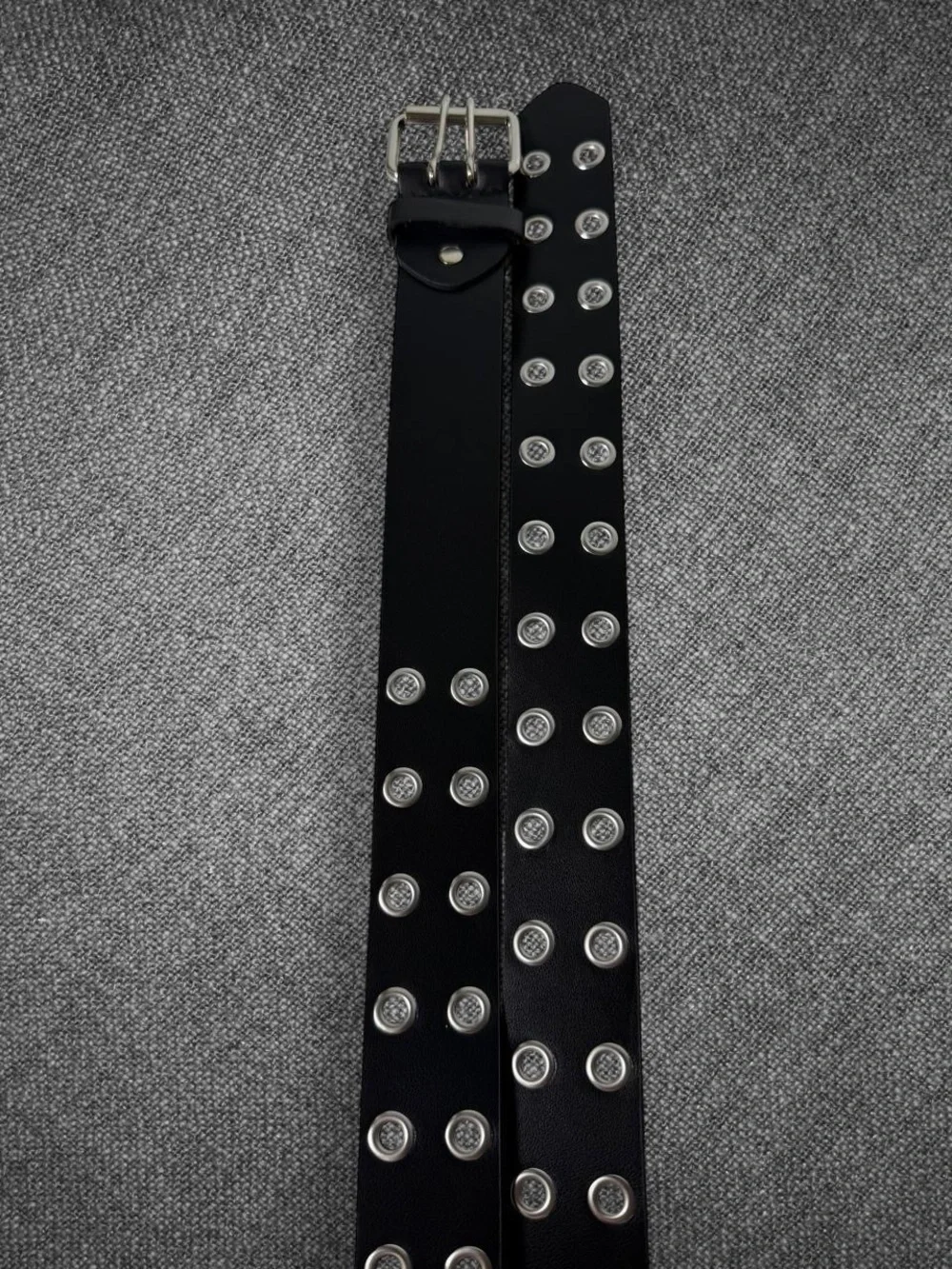 Black Wide Double Row Grommet Belt Silver Double Prong Buckle Punk Y2K